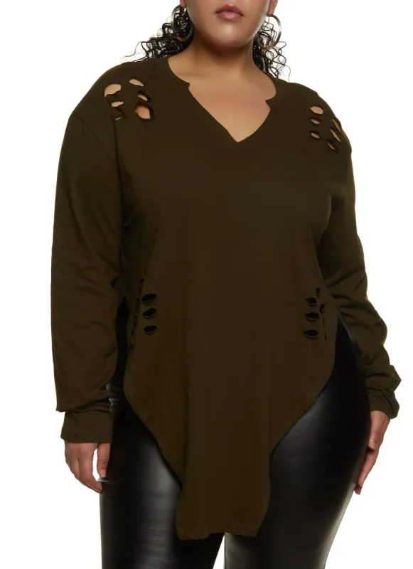 Plus Size Notch Neck Hanky Hem Tee sold by Rainbow