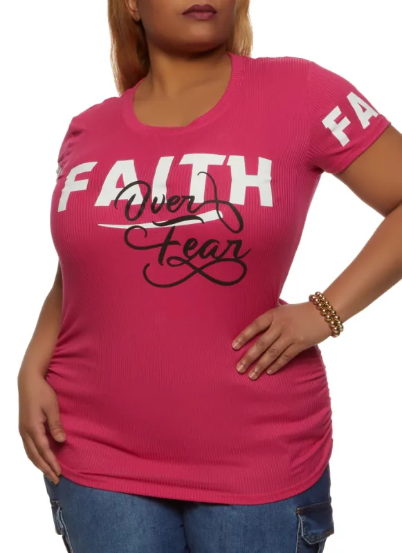 Plus Size Faith Over Fear Ruched Graphic Tee sold by Rainbow