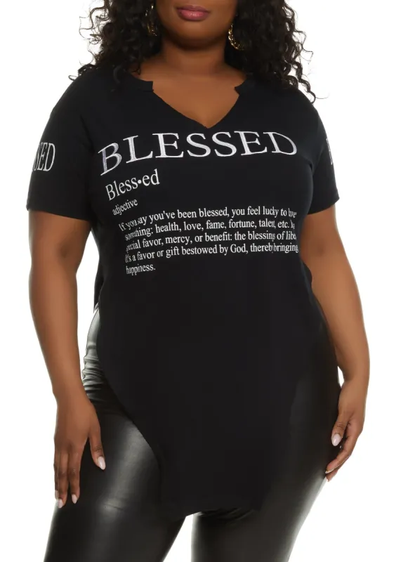 Plus Size Blessed Graphic Notch Neck Tunic Shirt sold by Rainbow
