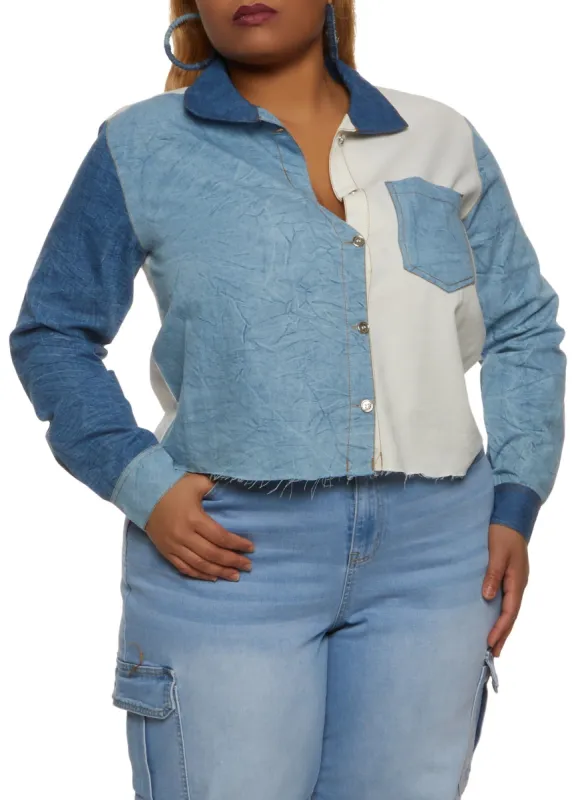 Plus Size Color Blocked Chambray Patchwork Shirt sold by Rainbow