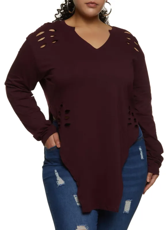 Plus Size Notch Neck Hanky Hem Tee sold by Rainbow