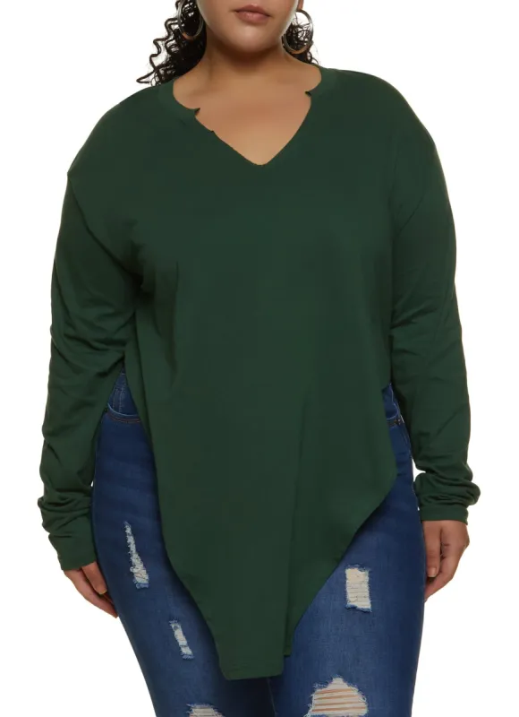 Plus Size Notch Neck Hanky Hem Tee sold by Rainbow