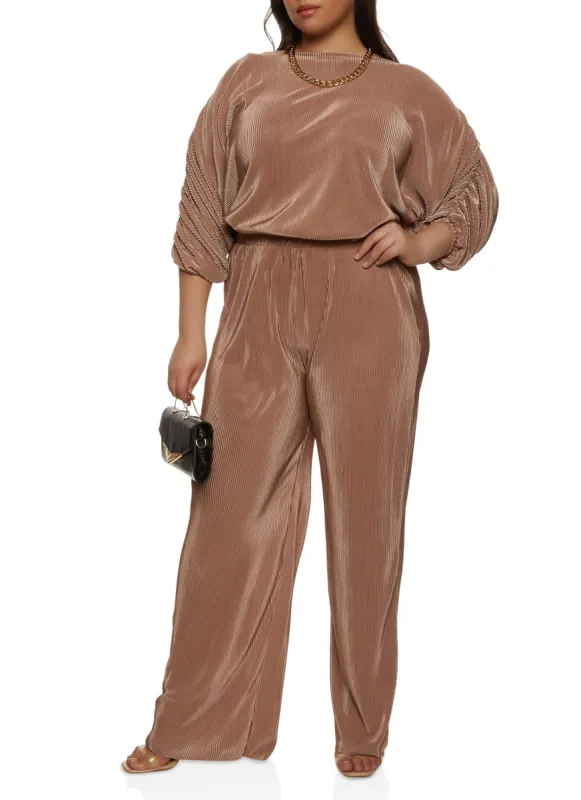 Plus Size Plisse Ruched Sleeve Blouse and Pants Set sold by Rainbow