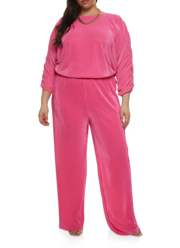 Plus Size Plisse Ruched Sleeve Blouse and Pants Set sold by Rainbow