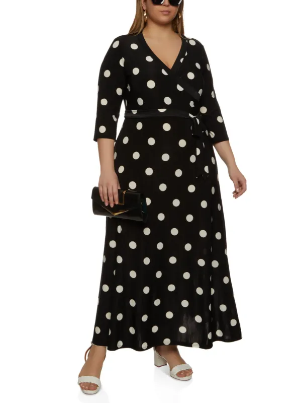 Plus Size Polka Dot Tie Waist Belted Faux Wrap Dress made by Rainbow