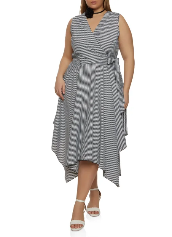 Plus Size Sleeveless Striped Faux Wrap Midi Dress made by Rainbow