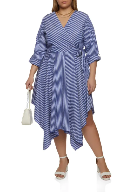 Plus Size Striped Faux Wrap Midi Dress made by Rainbow
