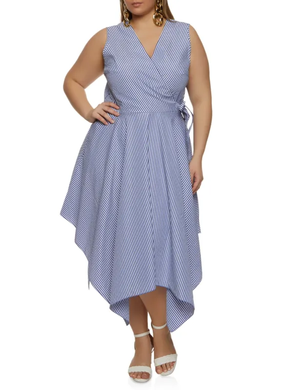 Plus Size Striped Sleeveless Faux Wrap Dress sold by Rainbow