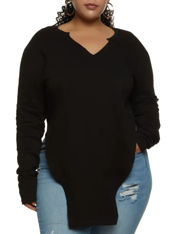 Plus Size Notch Neck Hanky Hem Tee sold by Rainbow
