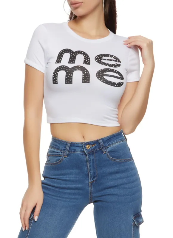 Me Me Rhinestone Graphic Crop Top sold by Rainbow