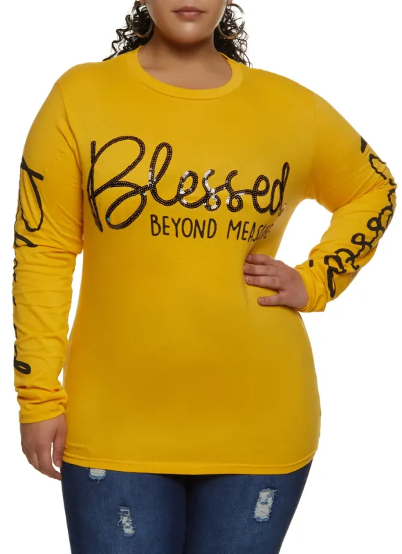 Plus Size Blessed Beyond Measure Long Sleeve Graphic Tee sold by Rainbow