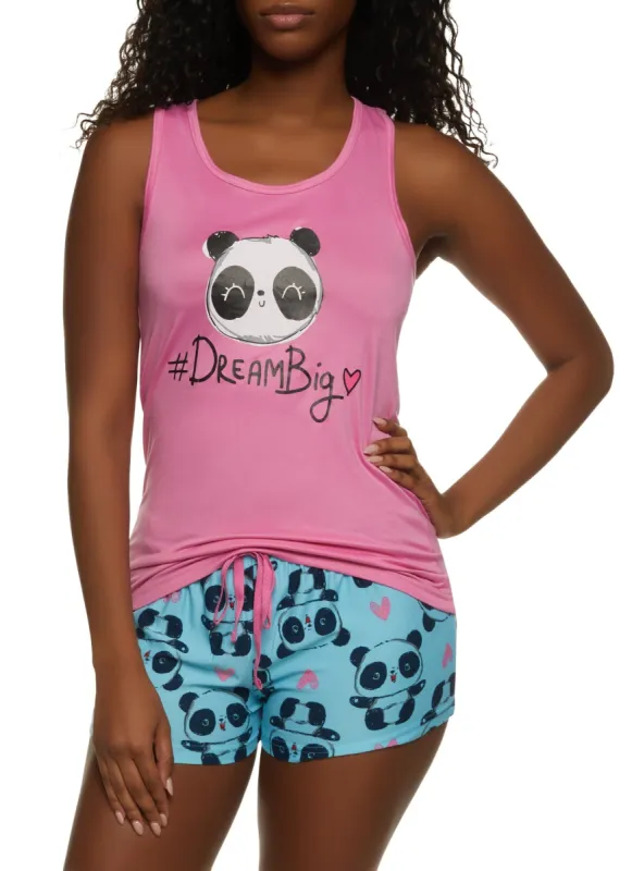 Dream Big Panda Graphic Pajama Tank Top and Shorts sold by Rainbow