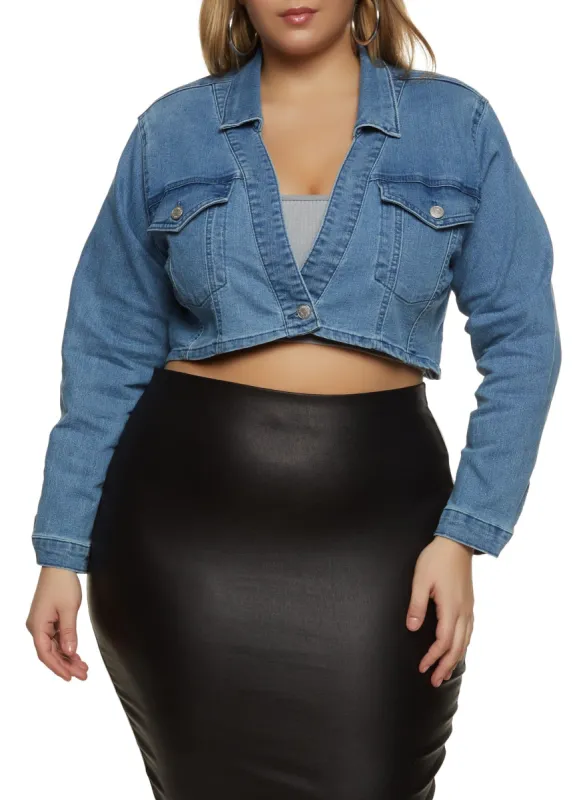 Plus Size Cropped One Button Denim Jacket sold by Rainbow