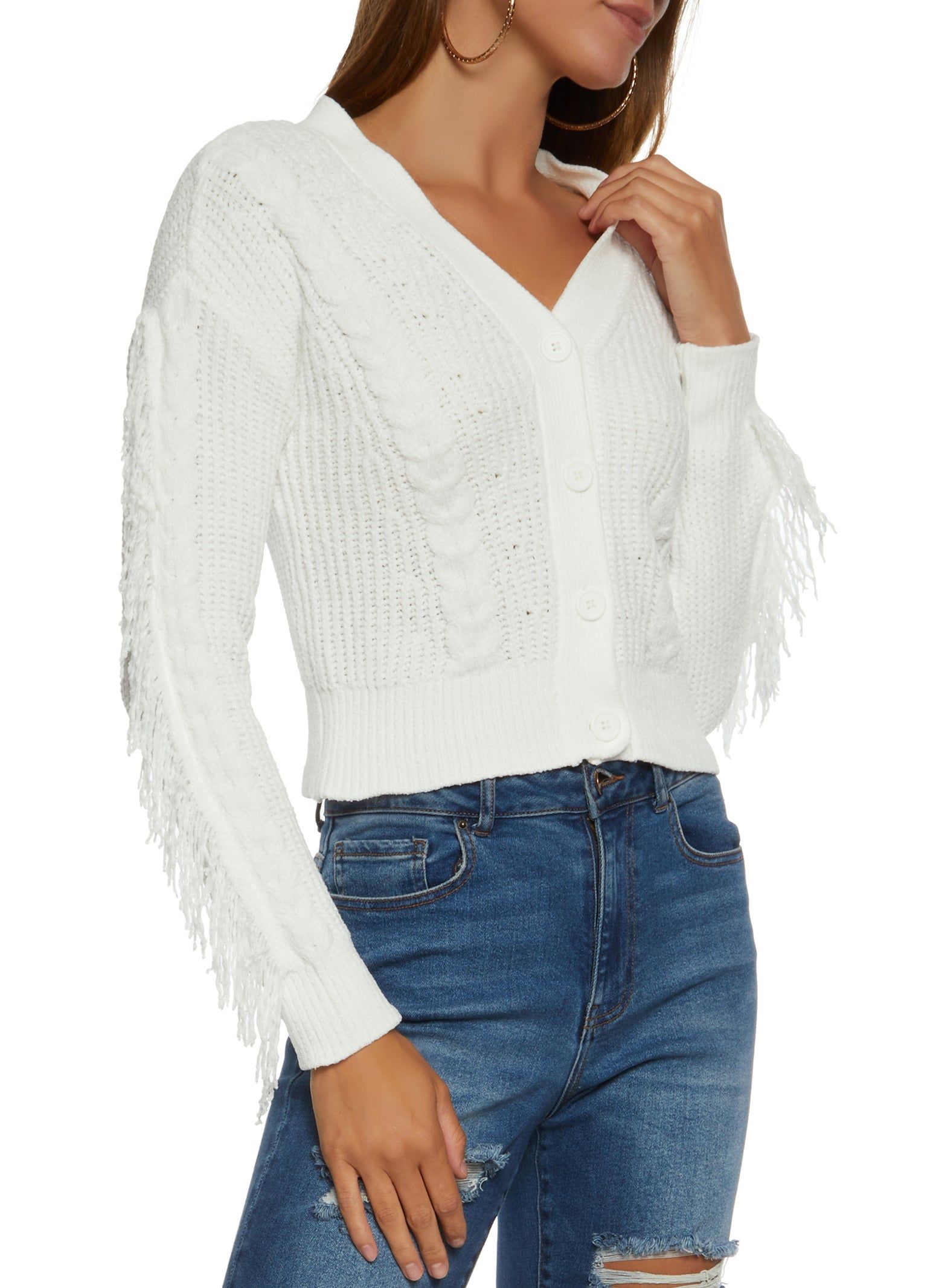 Chenille Cable Knit Fringe Cardigan sold by Rainbow