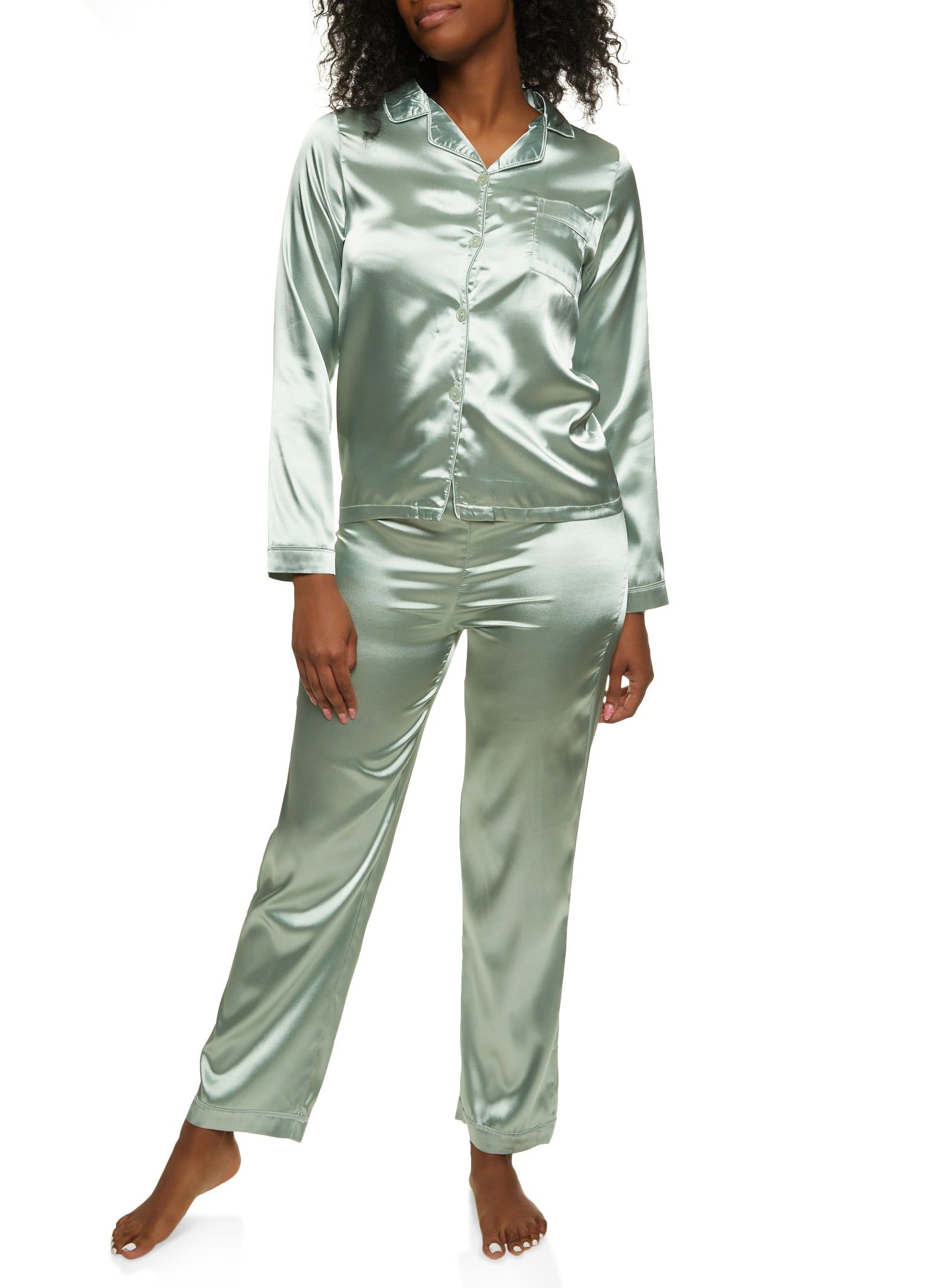 Satin Long Sleeve Button Down Pajama Shirt and Pants sold by Rainbow