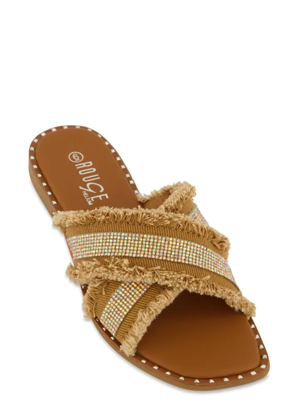 Rhinestone Frayed Criss Cross Slide Sandals sold by Rainbow
