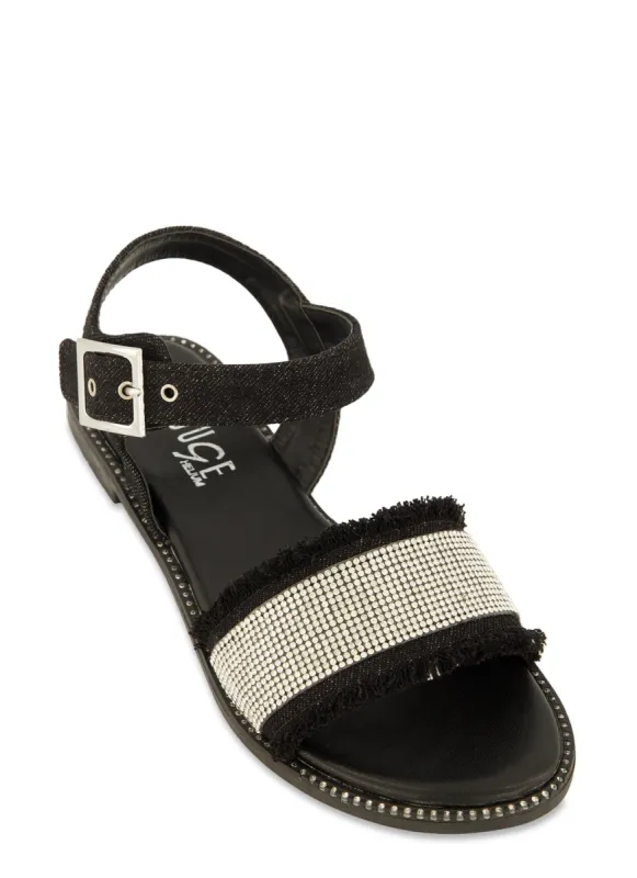 Frayed Denim Rhinestone Ankle Strap Sandals sold by Rainbow
