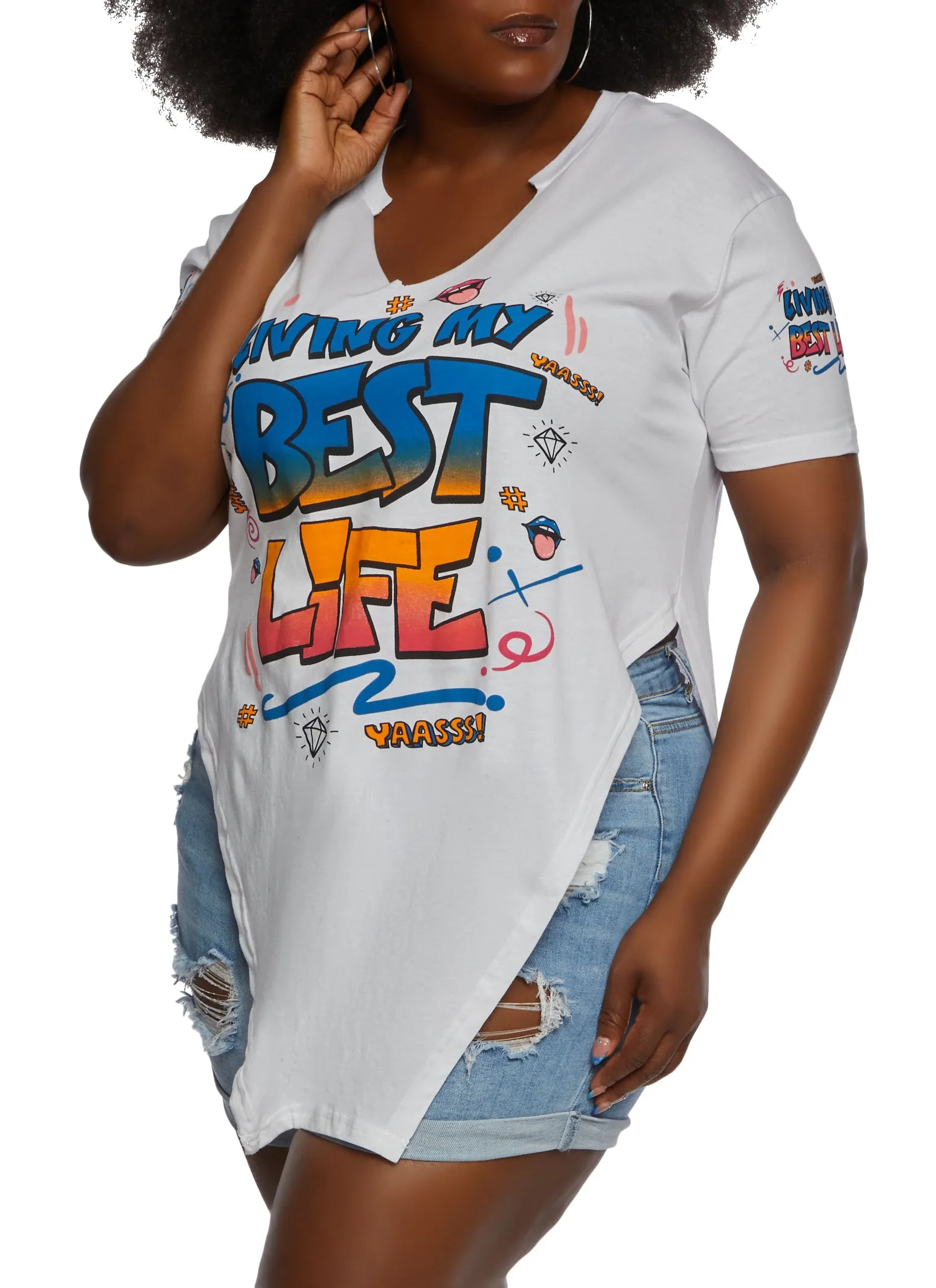 Plus Size Living My Best Life Graphic Notch Neck Tee sold by Rainbow
