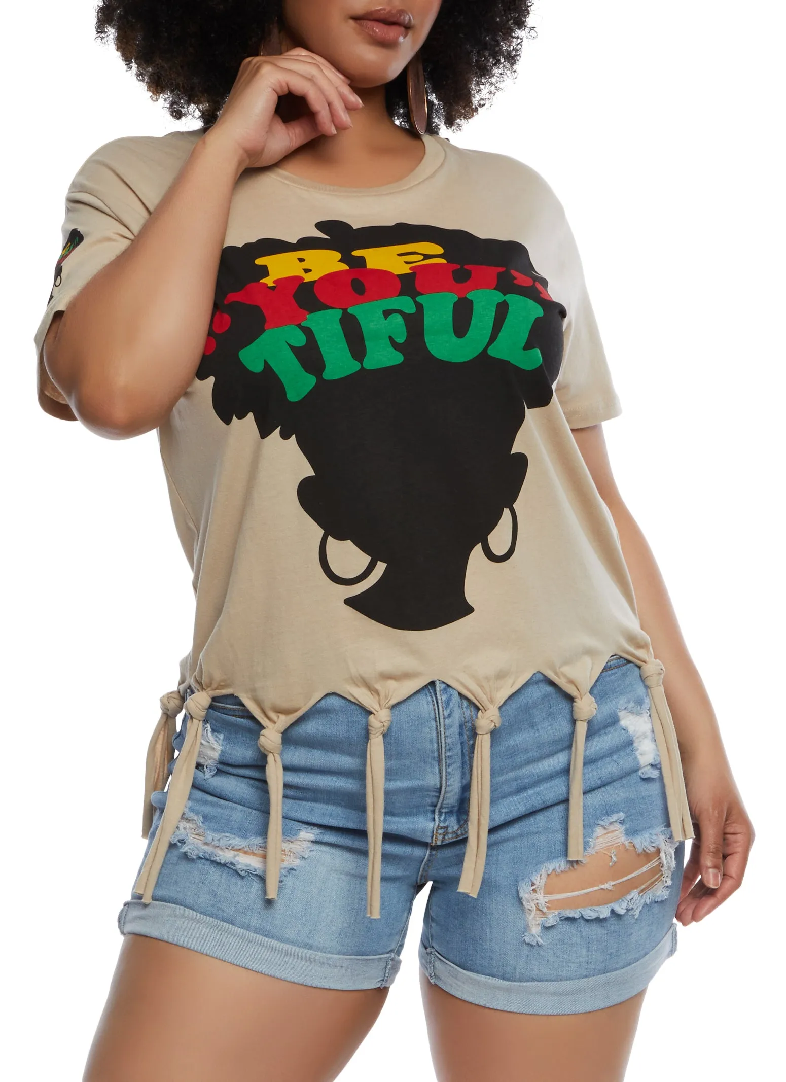 Plus Size Beyoutiful Graphic Knot Fringe Tee sold by Rainbow