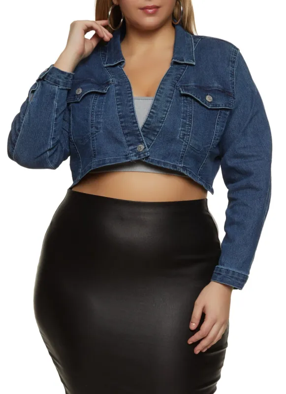 Plus Size Cropped One Button Denim Jacket sold by Rainbow