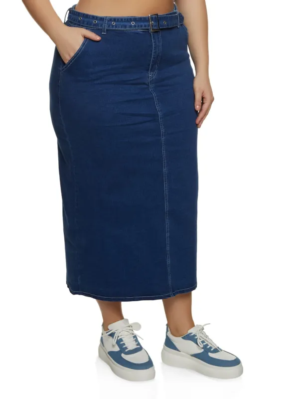 Plus Size Belted Denim Maxi Skirt sold by Rainbow