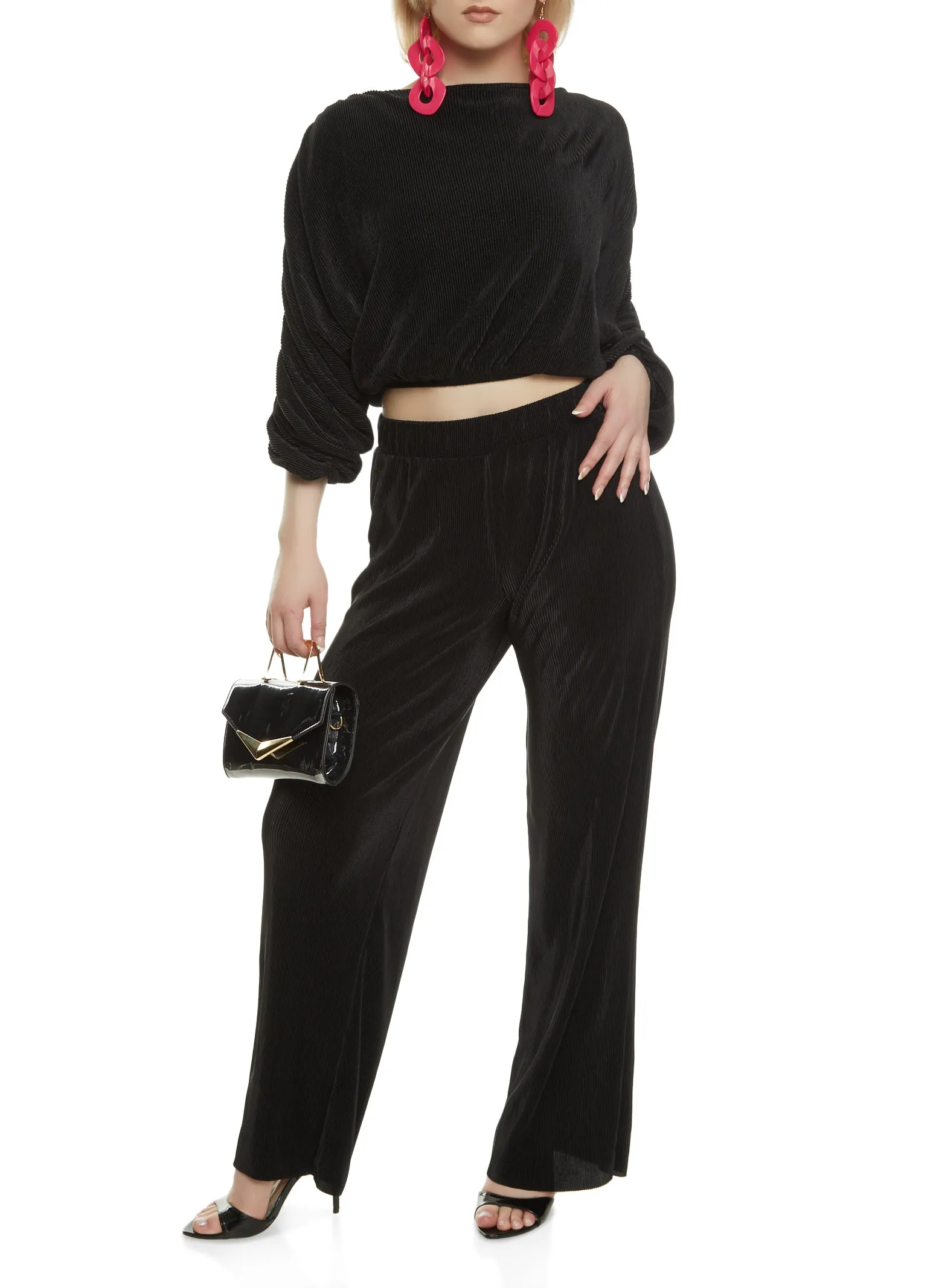 Plisse Ruched Sleeve Blouse and Wide Leg Pants sold by Rainbow