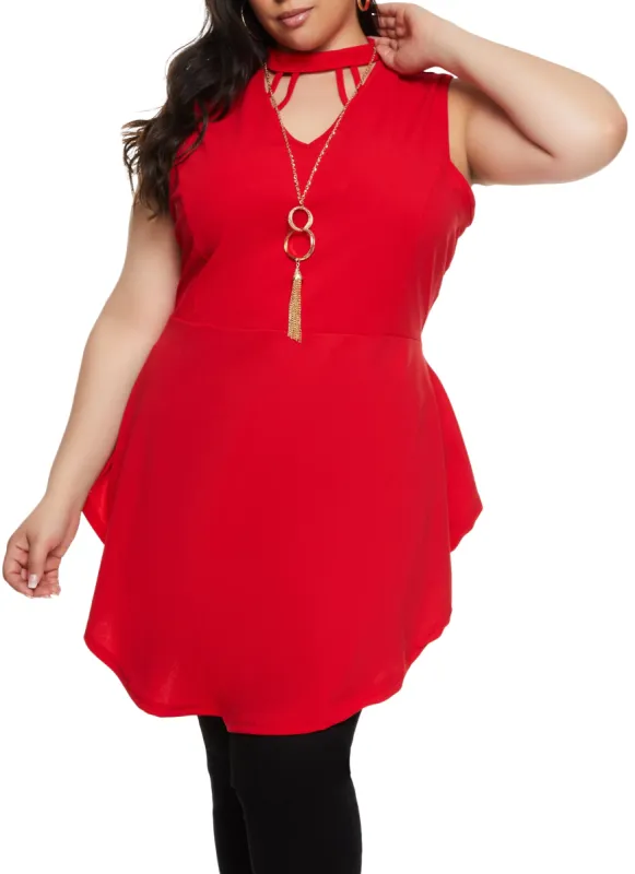 Plus Size High Neck Cut Out Peplum Tunic Top with Necklace sold by Rainbow