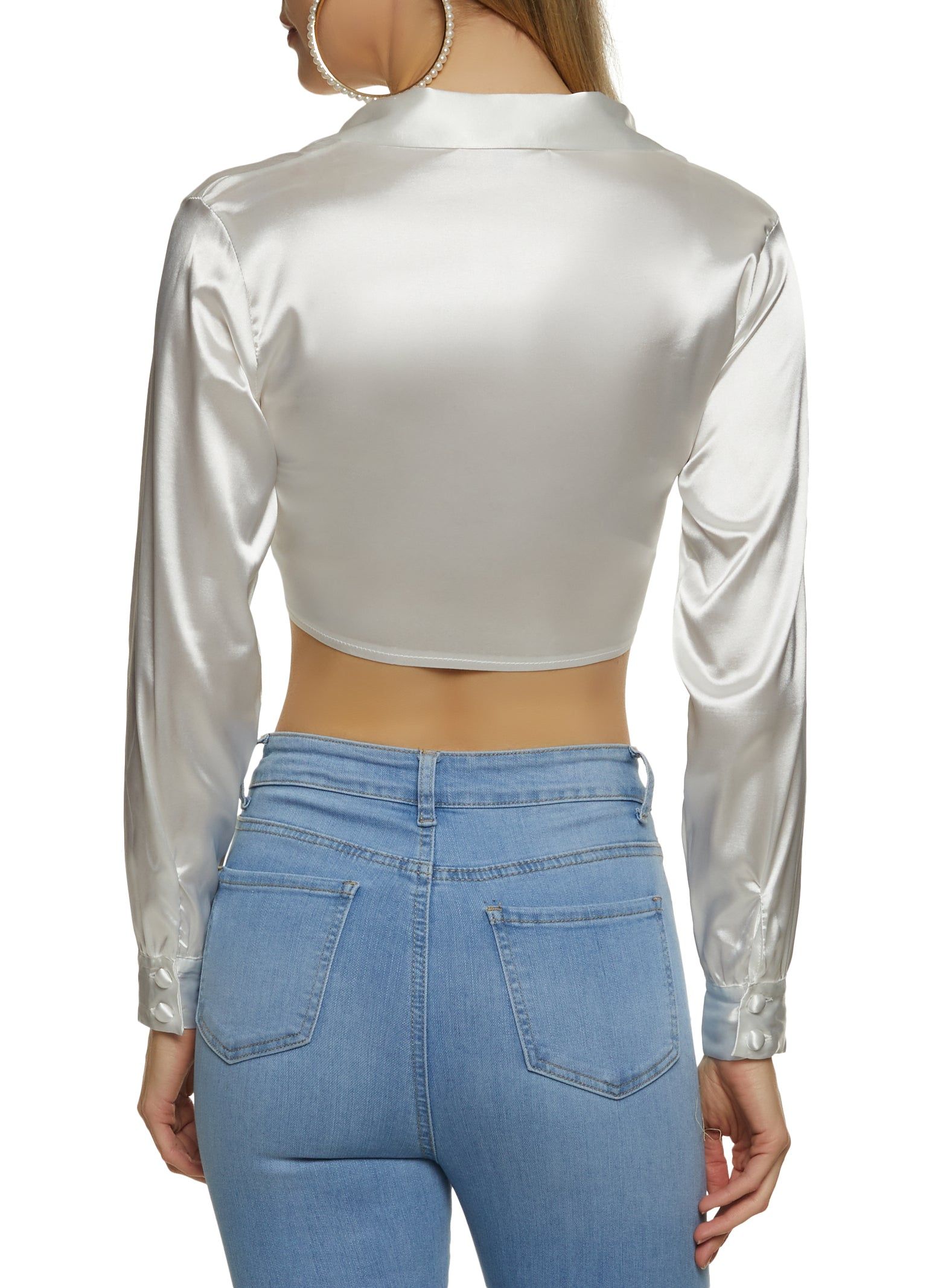Satin Long Sleeve Tie Front Crop Top sold by Rainbow product image thumbnail 2