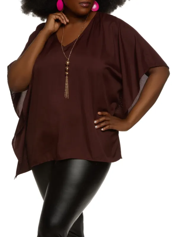 Plus Size Batwing Sleeve V Neck Blouse with Necklace sold by Rainbow