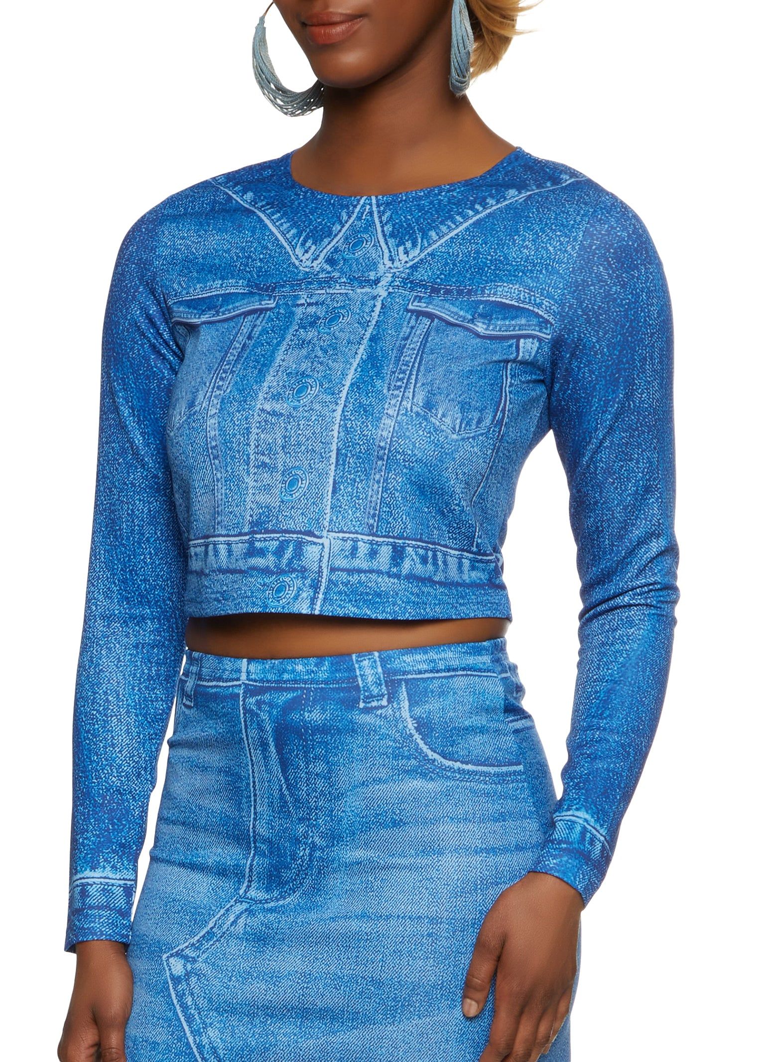 Denim Print Long Sleeve Crop Top sold by Rainbow product image thumbnail 2