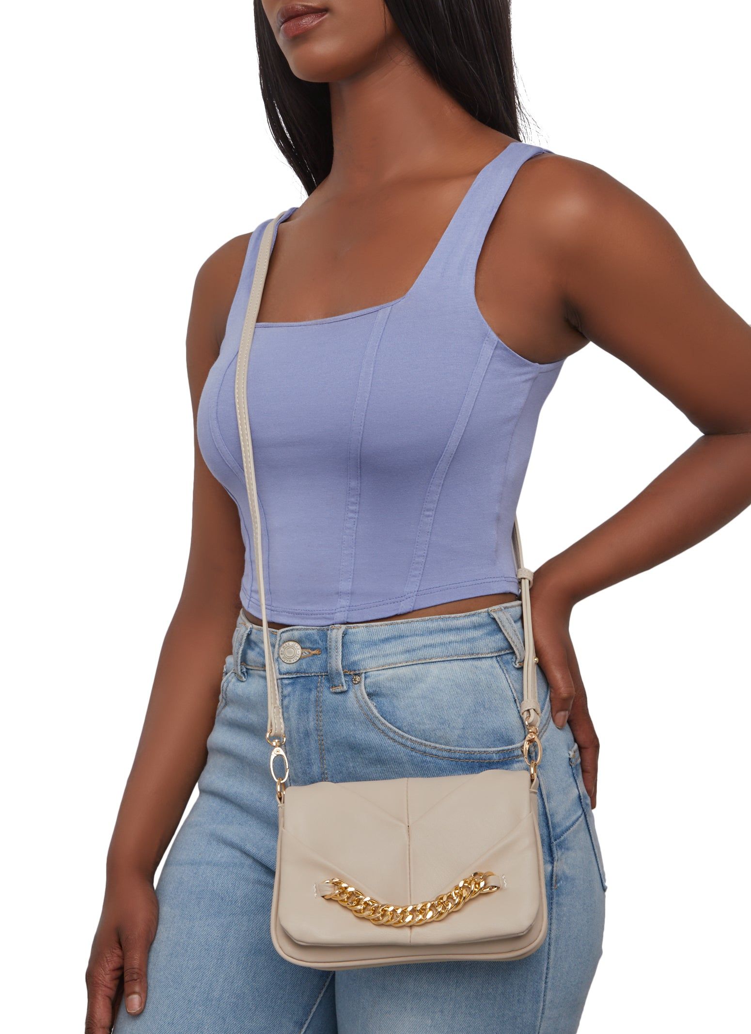 Chain Detail Faux Leather Chevron Crossbody Bag sold by Rainbow