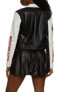 Faux Leather Brooklyn Graphic Moto Jacket sold by Rainbow