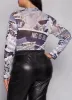 Plus Size Mesh Printed Mock Neck Bodysuit sold by Rainbow