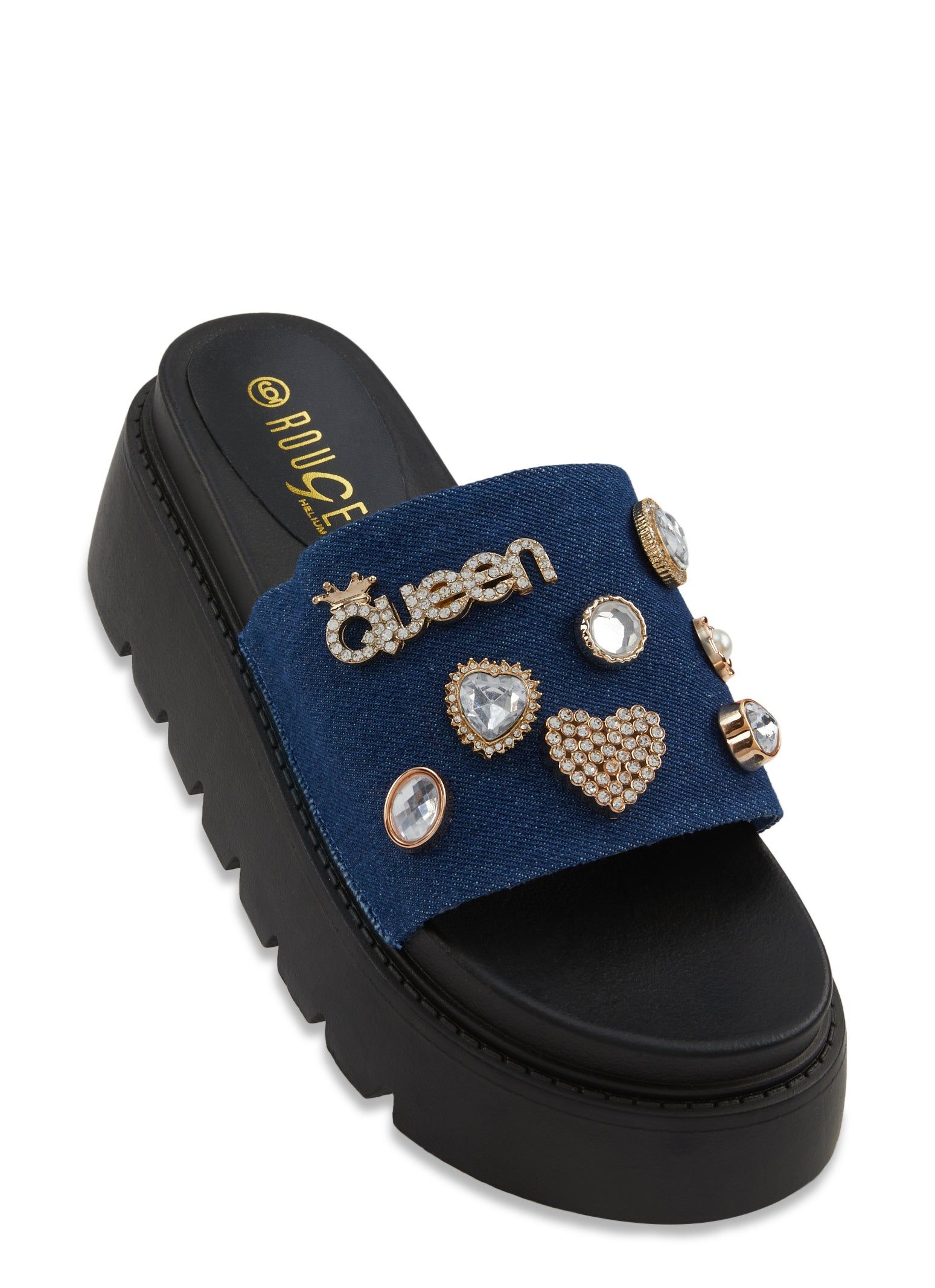 Queen Charm Denim Band Platform Slide Sandals sold by Rainbow