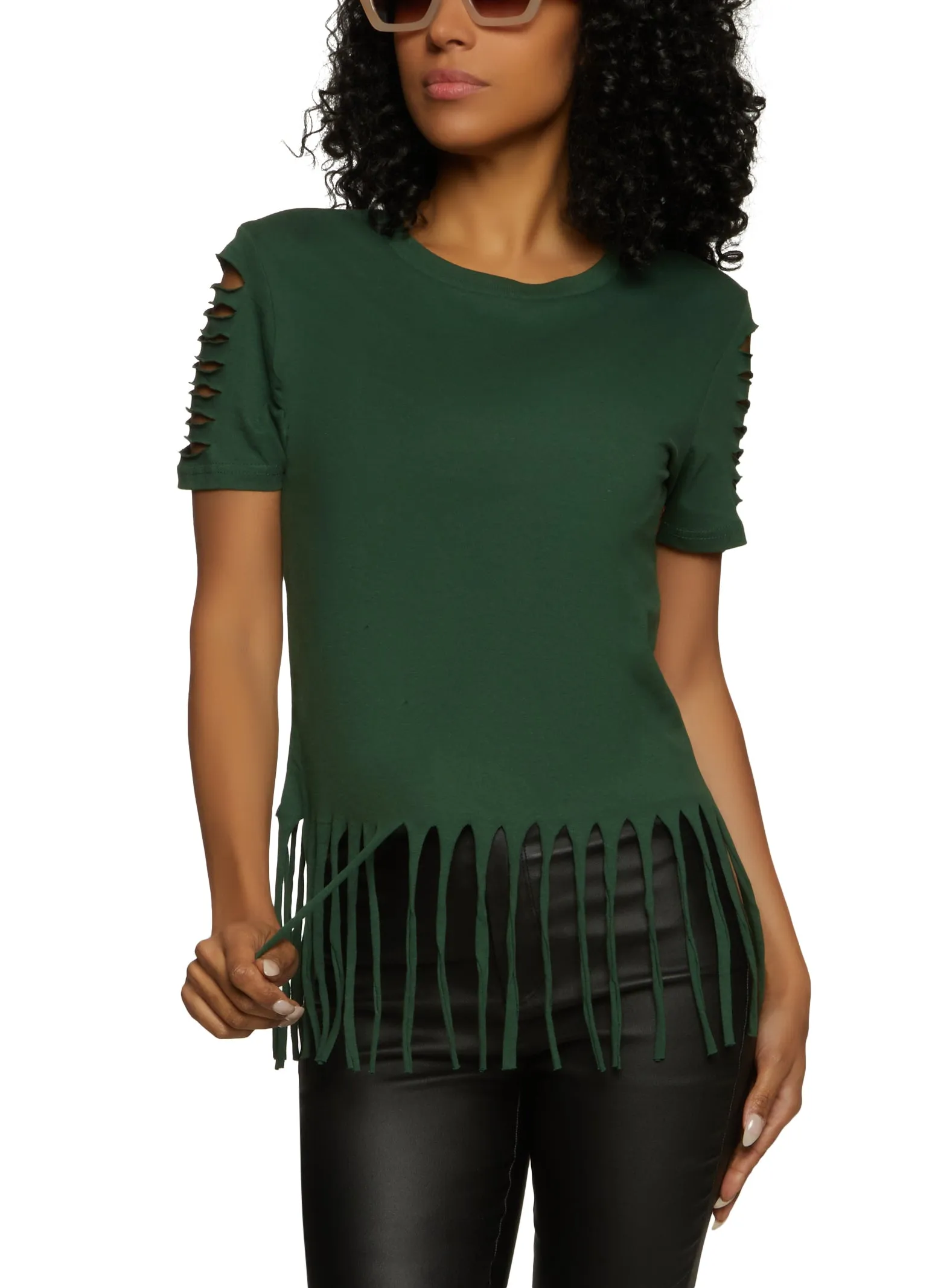 Solid Laser Cut Fringe Hem T Shirt sold by Rainbow