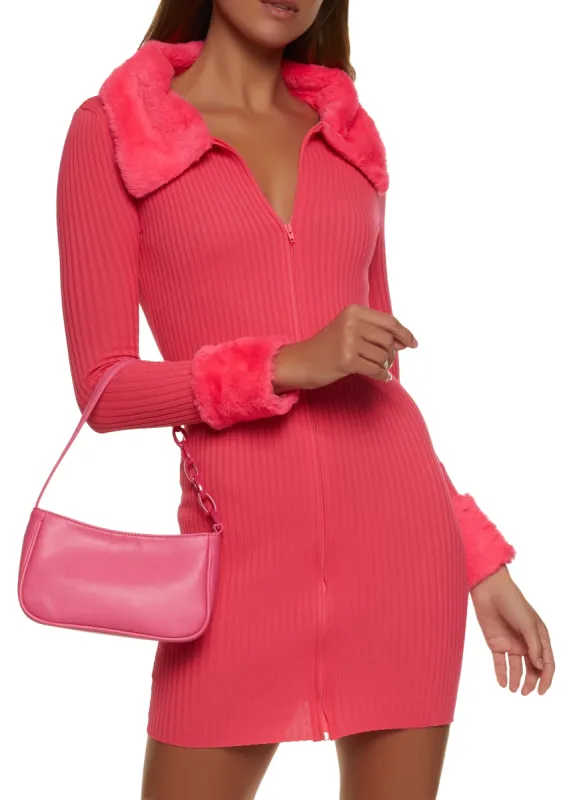 Faux Fur Trim Zip Front Sweater Dress sold by Rainbow