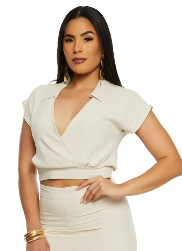 Linen Collared Faux Wrap Top sold by Rainbow