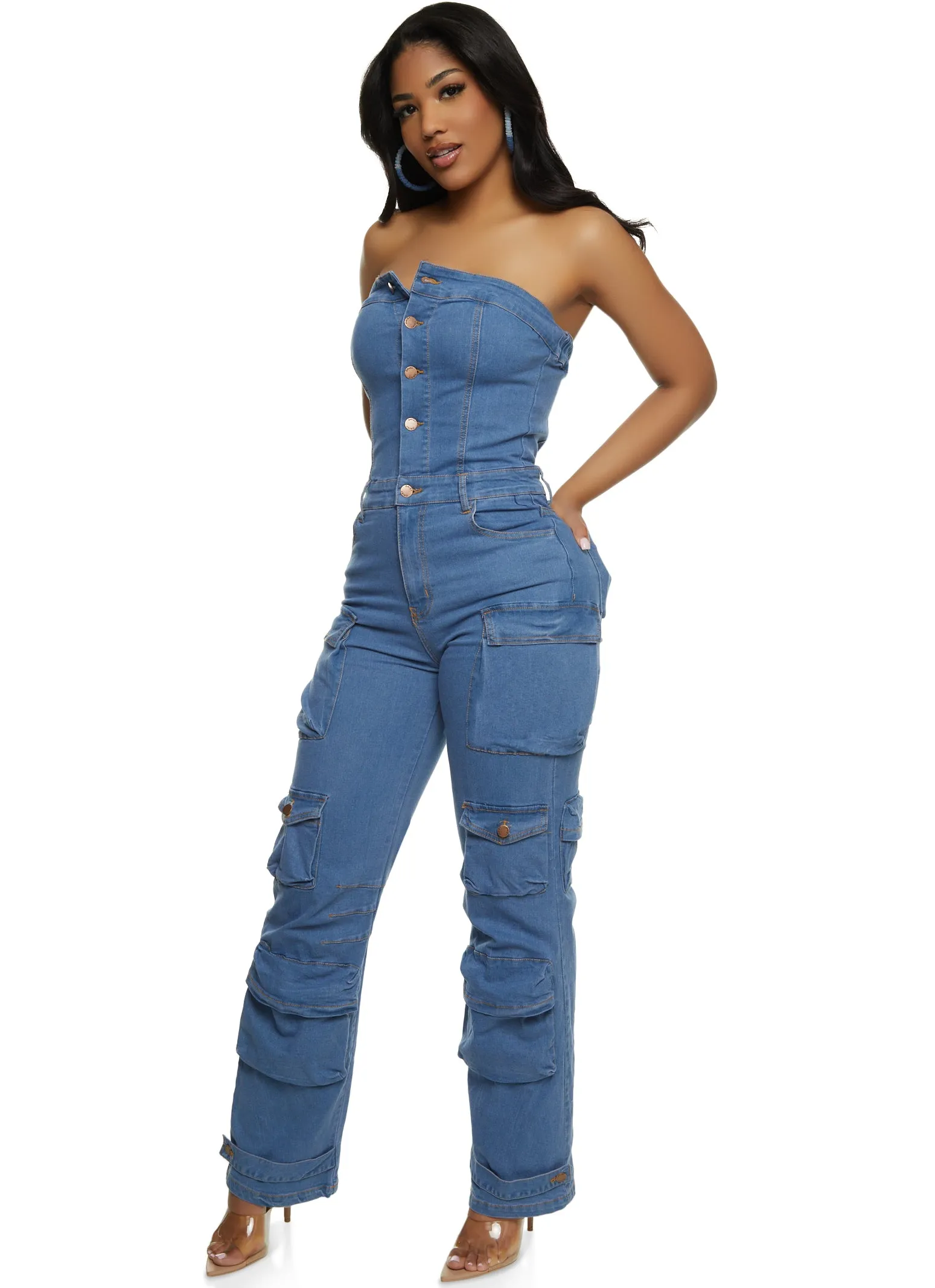 Daisy Denim Strapless Cargo Jumpsuit sold by Rainbow