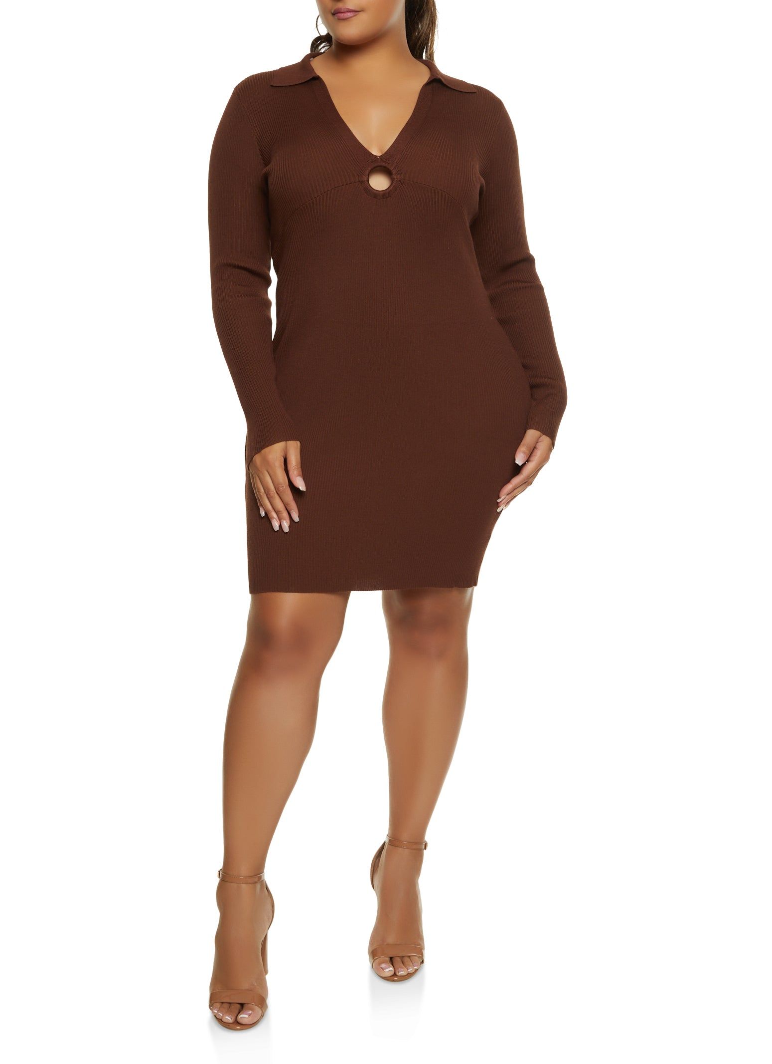 Plus Size Rib Knit Keyhole Collared Bodycon Dress sold by Rainbow