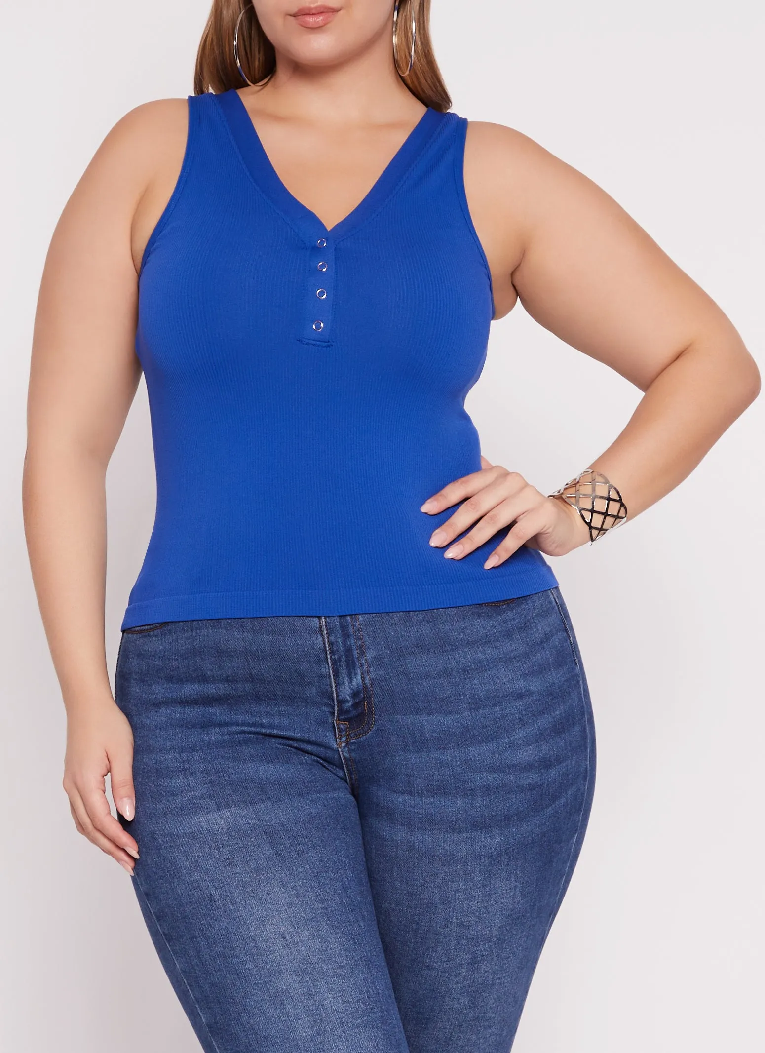 Plus Size Seamless Ribbed Snap Button Tank Top sold by Rainbow