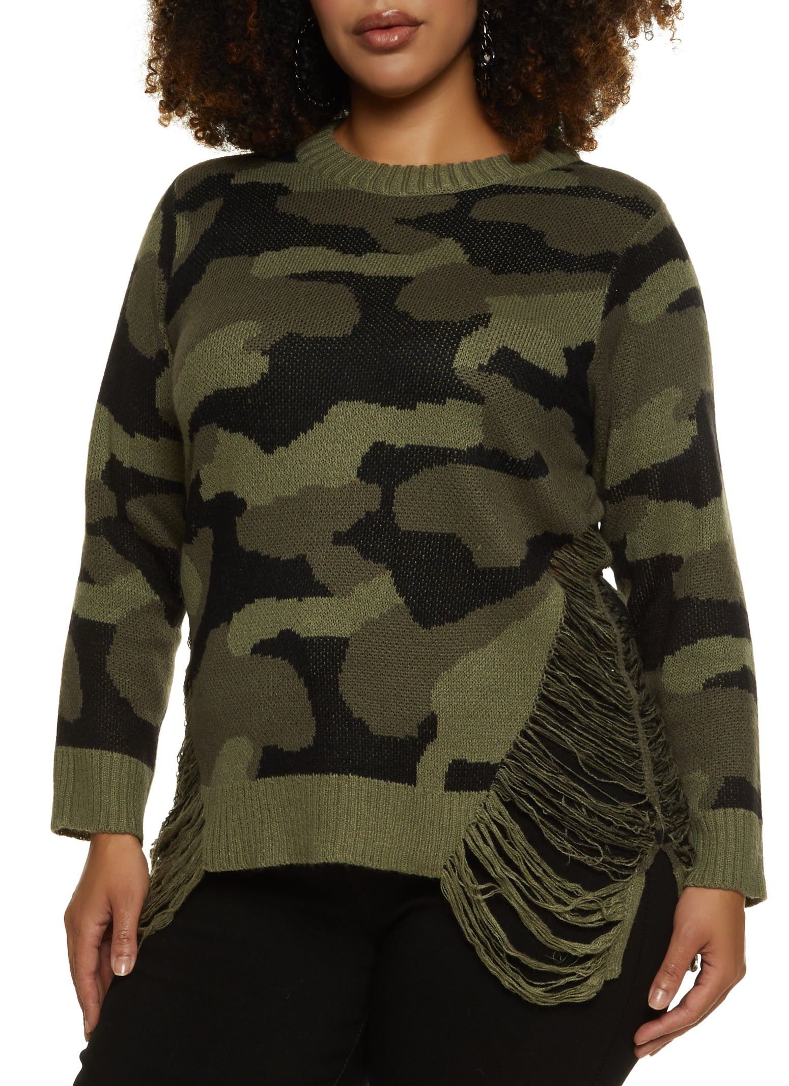 Plus Size Distressed Camo Knit Sweater sold by Rainbow