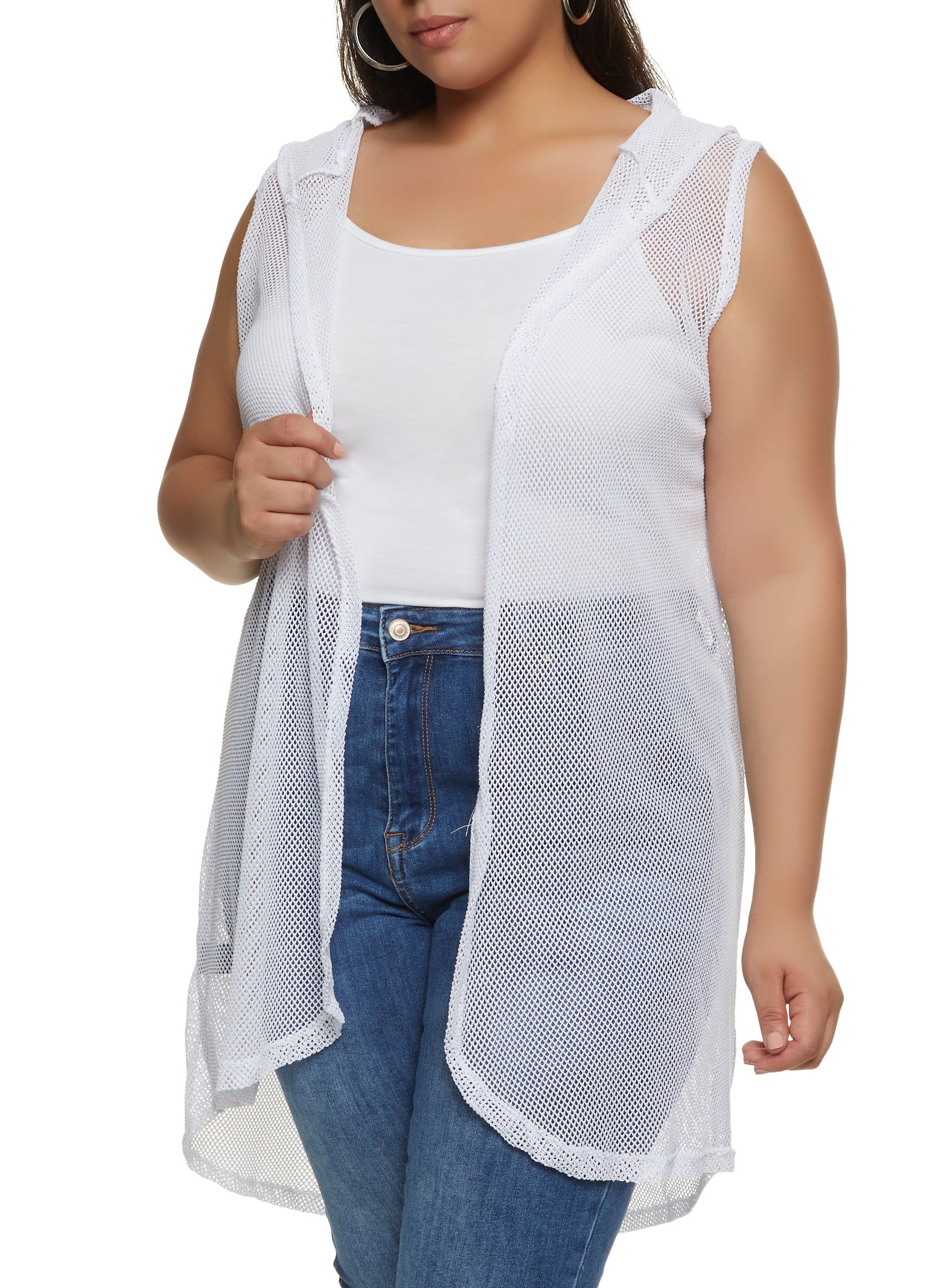 Plus Size Fishnet Hooded Sleeveless Duster sold by Rainbow