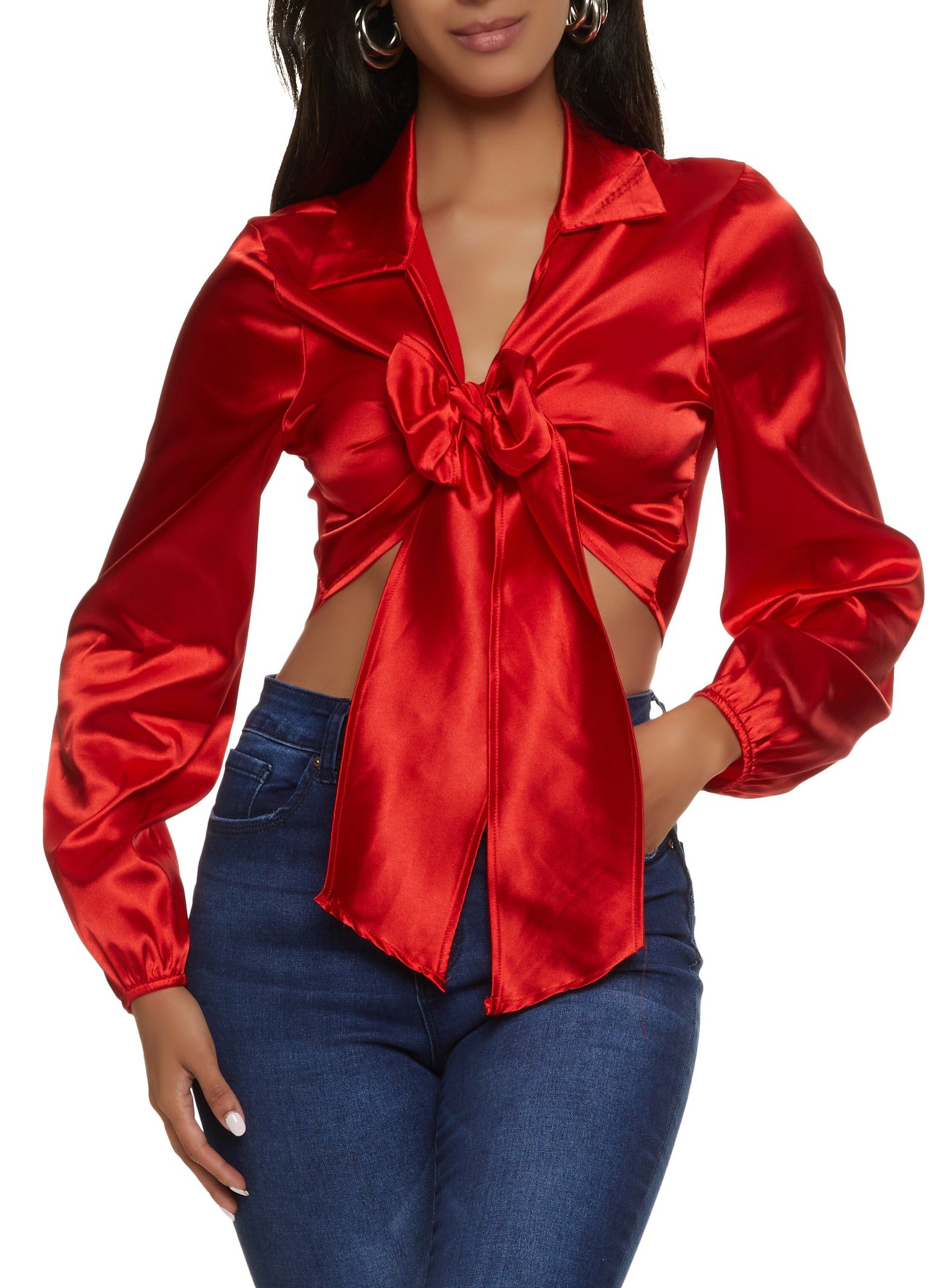 Satin Puff Sleeve Tie Front Crop Top sold by Rainbow