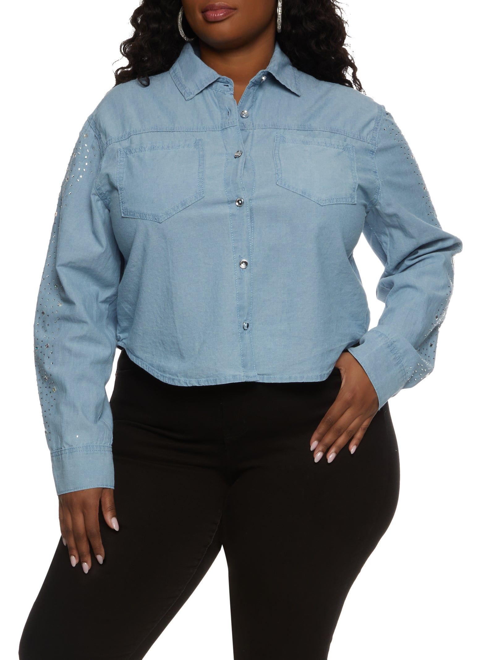 Plus Size Rhinestone Sleeve Denim Shirt sold by Rainbow