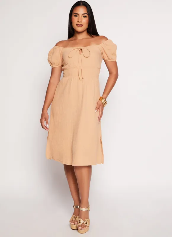 Off The Shoulder Smocked Waist Peasant Dress sold by Rainbow
