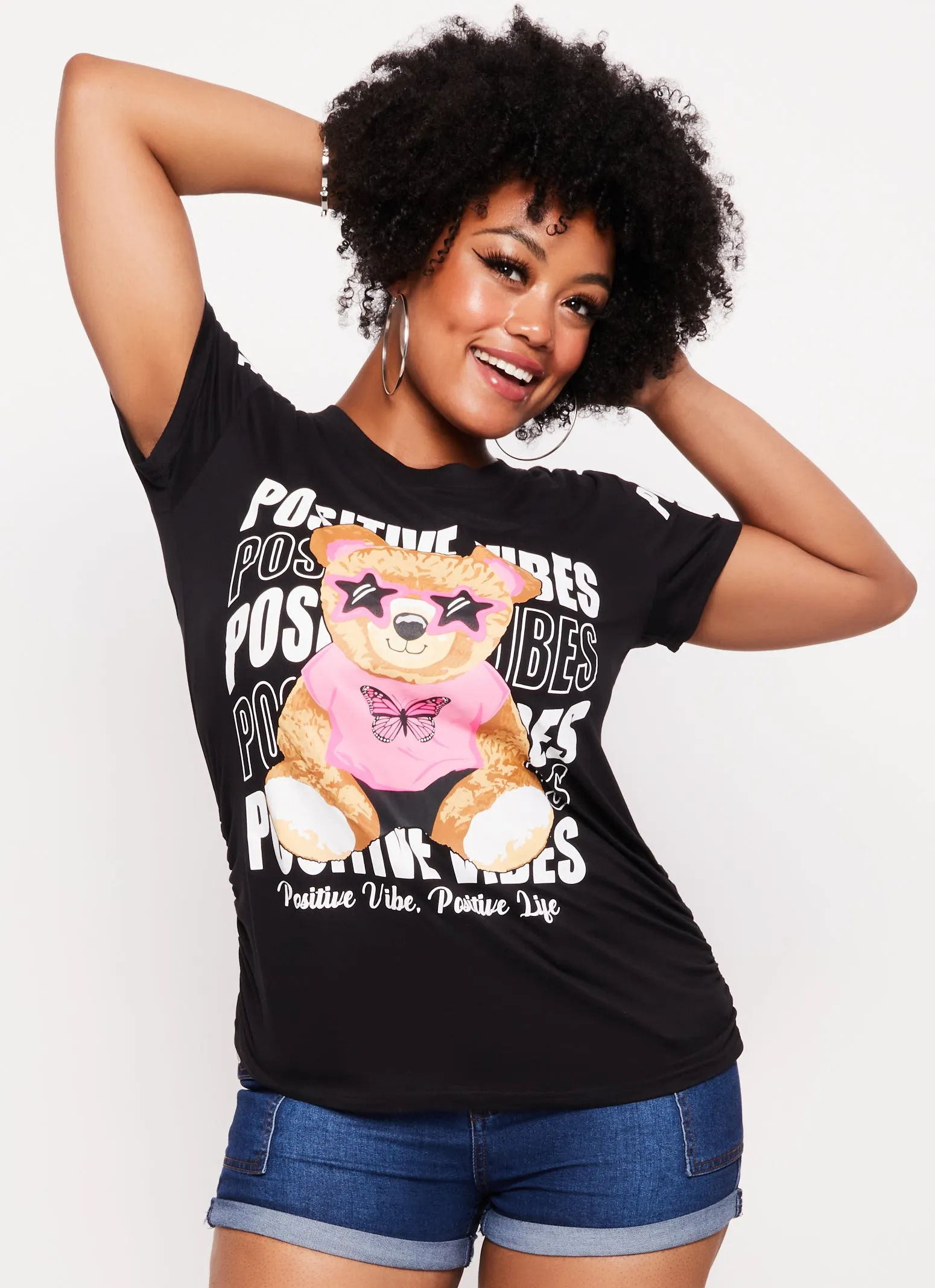Plus Size Positive Vibes Bear Ruched Graphic Tee sold by Rainbow