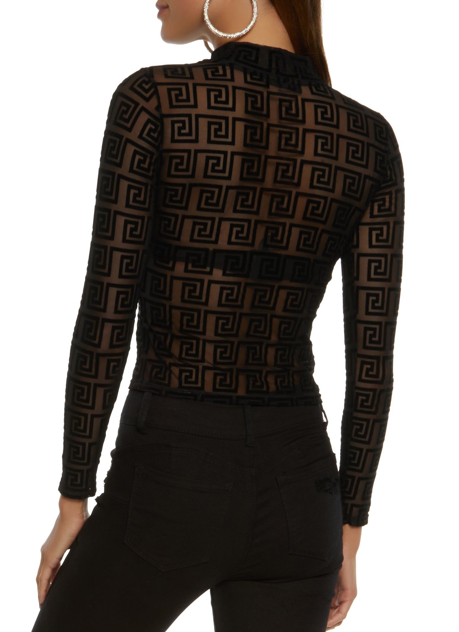 Geometric Print Mesh Long Sleeve Crop Top sold by Rainbow product image thumbnail 2