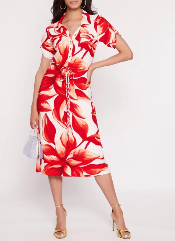 Floral Print Tabbed Sleeve Midi Shirt Dress sold by Rainbow