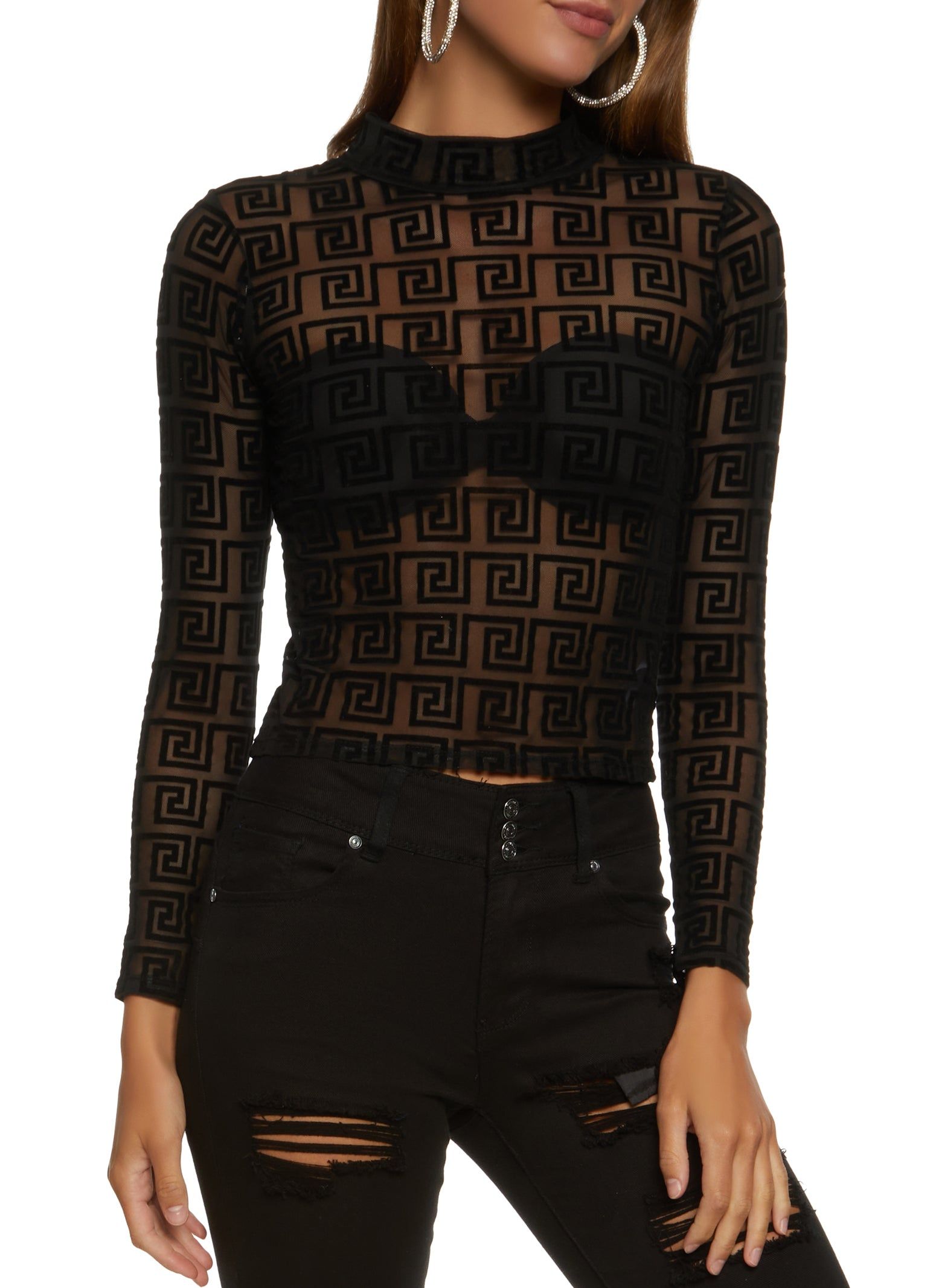 Geometric Print Mesh Long Sleeve Crop Top sold by Rainbow