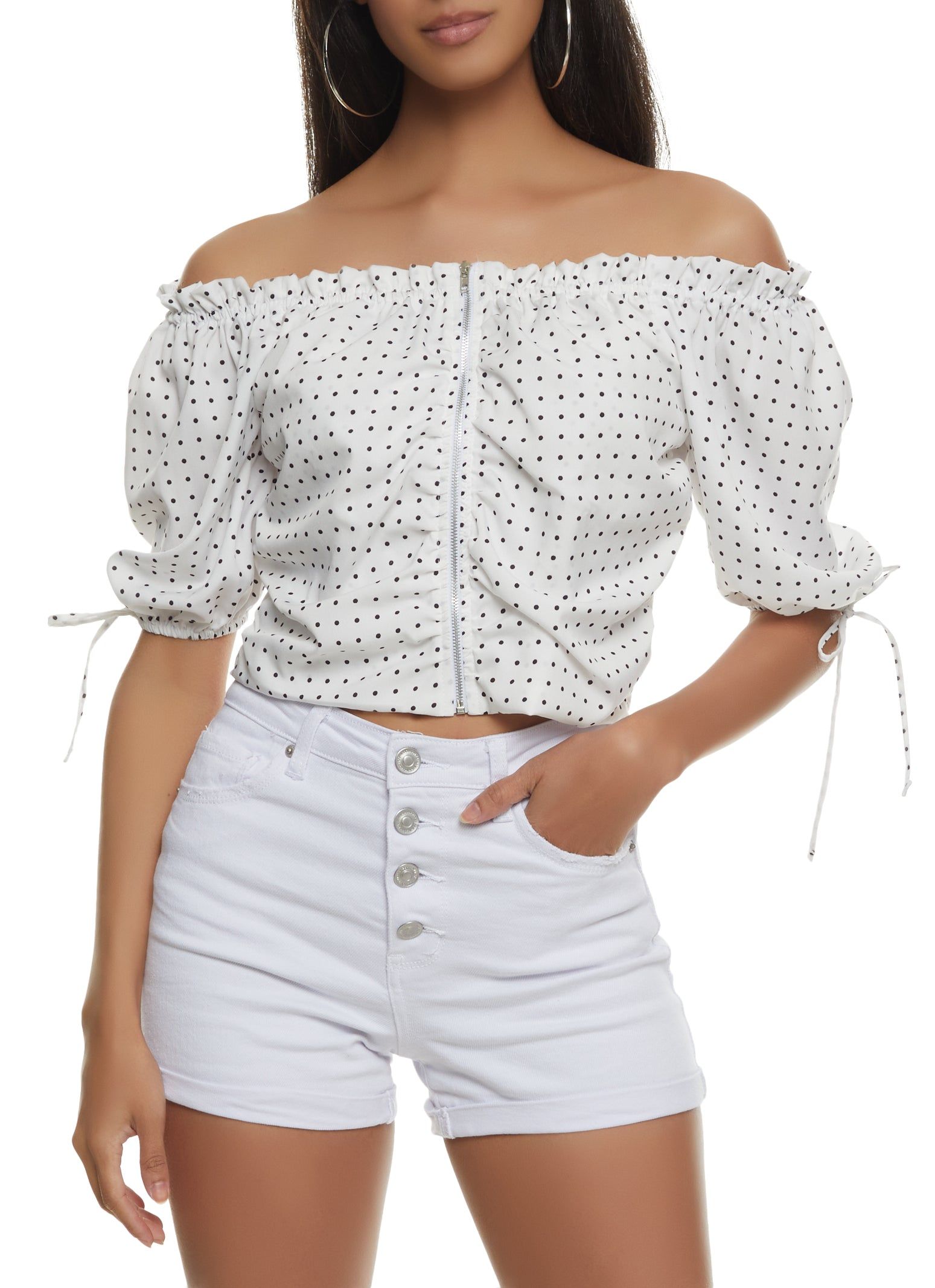 Polka Dot Ruched Zip Front Off the Shoulder Top sold by Rainbow